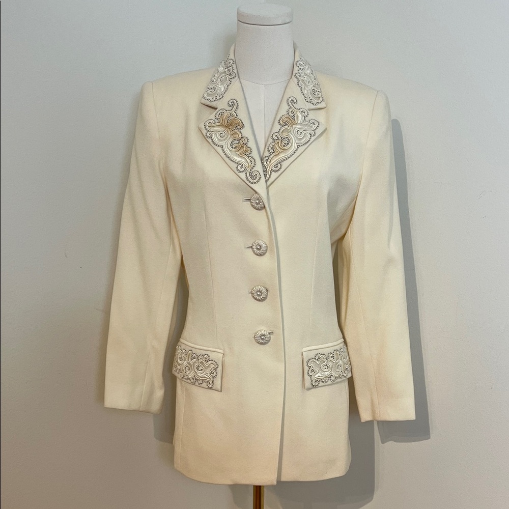 Nolan Miller Cream Wool Embroidered Blazer
